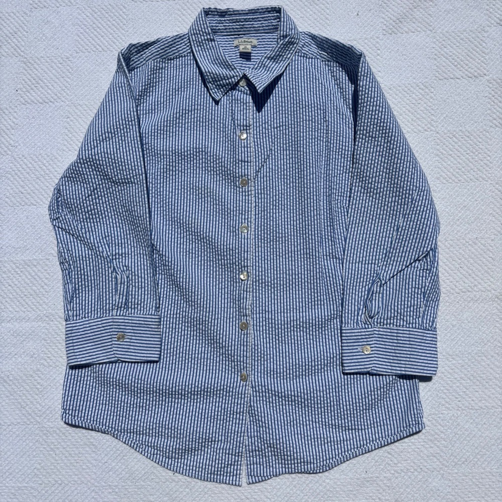 Women's Medium Regular‎ LL BEAN Blue White Seersucker Lightweight Spring Blouse